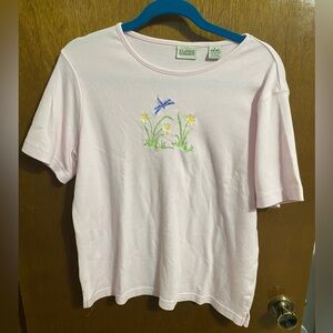 Classic Elements Light Pink Tee with Floral Embroidery.  Size Large.